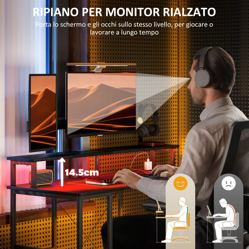 HOMCOM Scrivania per PC Reversibile con Prese Elettriche, Luci, Supporto Monitor e Scaffale, 120x50cm, Nero
