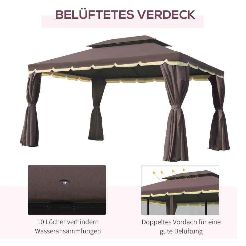 Outsunny Gartenpavillon Pavillon 390 x 290 x 280 cm Gartenzelt Festzelt Partyzelt mit 4 x Seitenteile Moskitonetz wetterfest Aluminium Polyester Kaffee+Schwarz