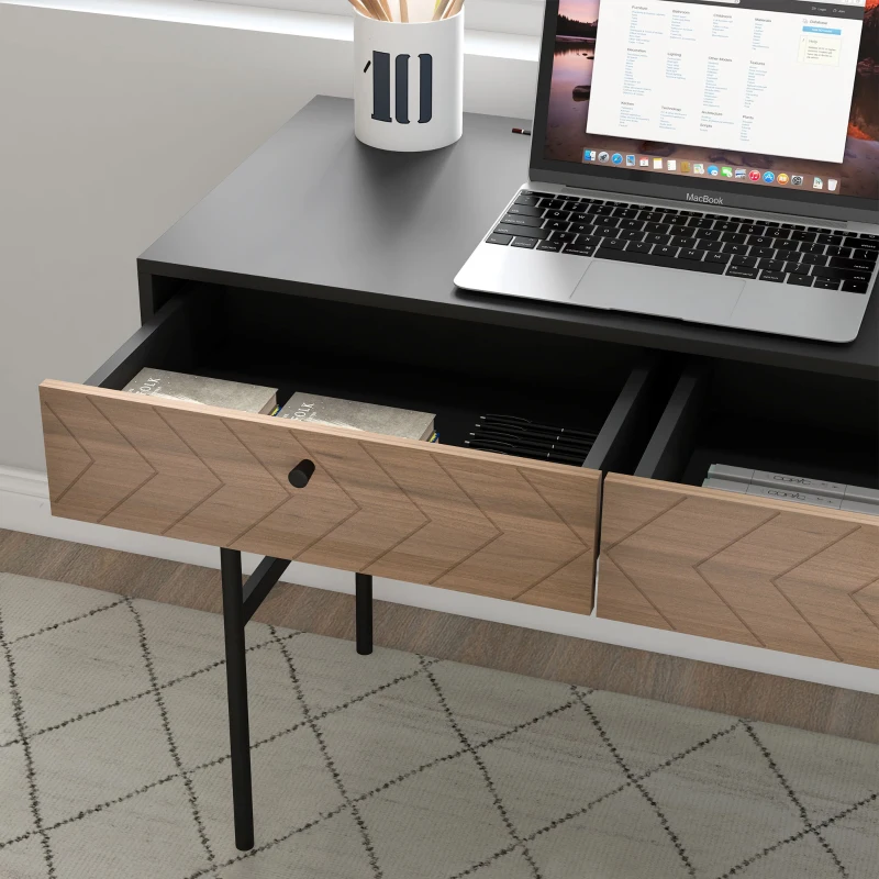 HOMCOM Bureau compact console avec 2 tiroirs, façades chevrons, structure métal noir, 106L x 50l x 77H cm