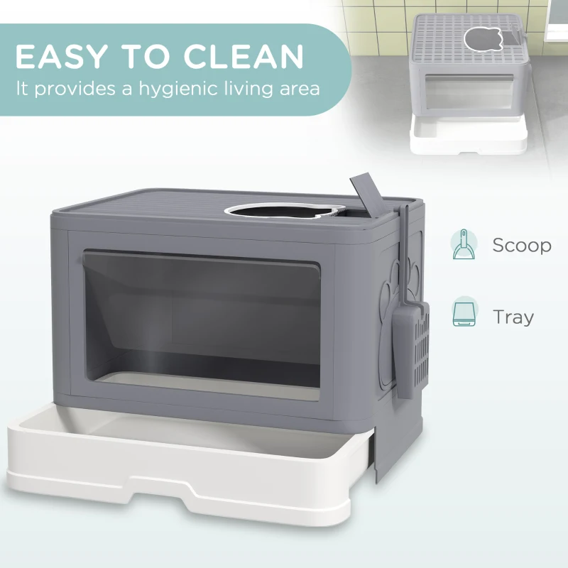 PawHut Enclosed Cat Litter Box with lid, Front Entry, Top Exit, Drawer, Tray, Scoop, Brush, 48.5 x 38 x 36.5cm - Grey