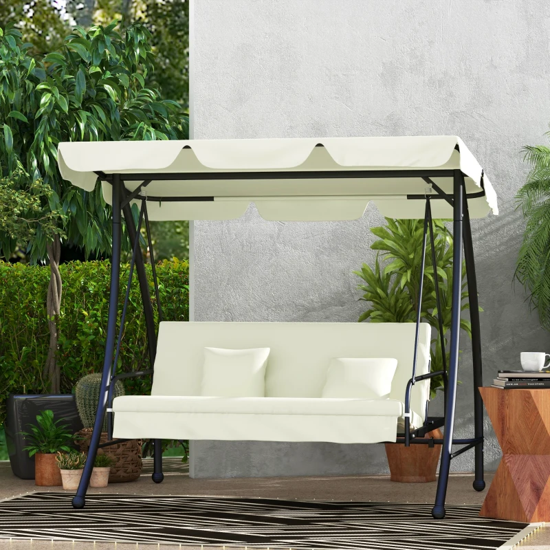 Outsunny Hollywoodschaukel, Schaukelbank mit Liege-Funktion, 3 Sitzer, Metall+Polyester, 200 x 125 x 170 cm, Weiß(m-2)