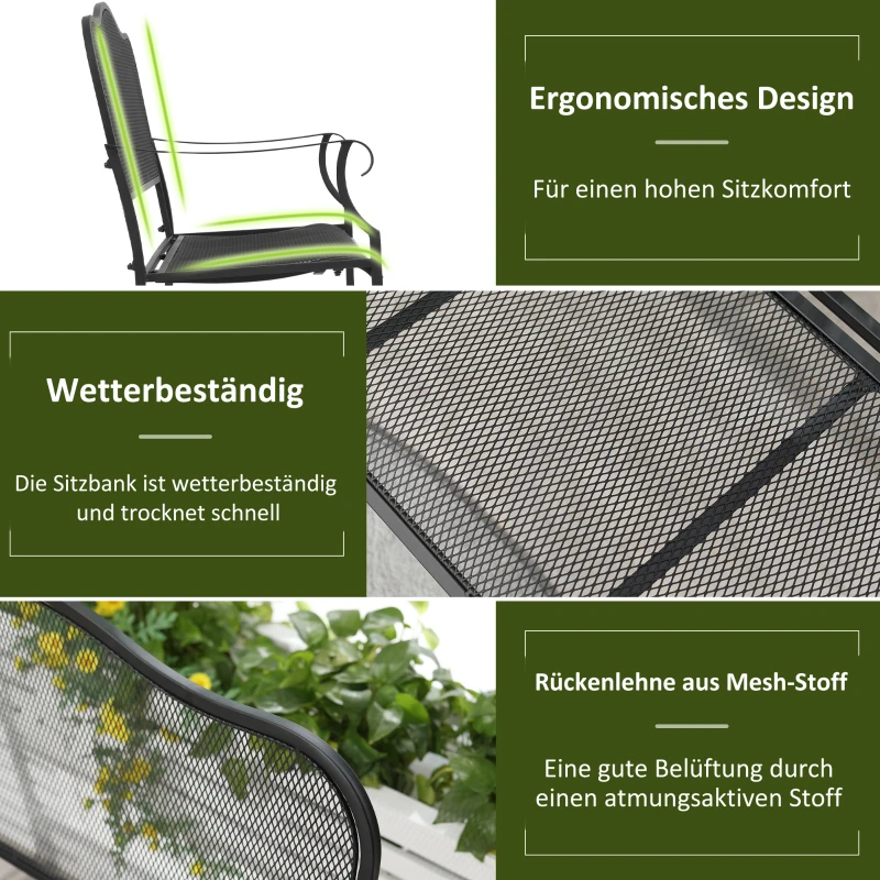 Outsunny Nostalgische Gartenbank aus Metall,  2-Sitzer, wetterbeständig, schwarz, 113 cm x 58 cm x 98 cm