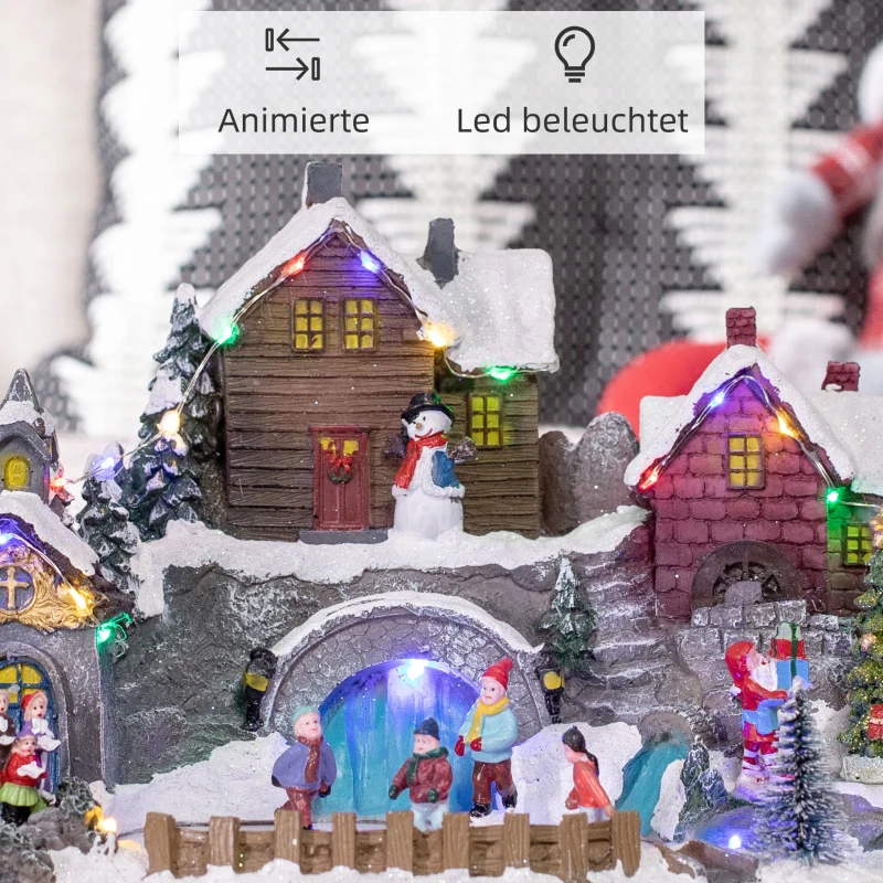 HOMCOM Weihnachtsdekoration Weihnachtsdorf, 21 bunte LEDs, bewegliche Tanne und Schlittschuhläufer, 32 x 25,5 x 24 cm