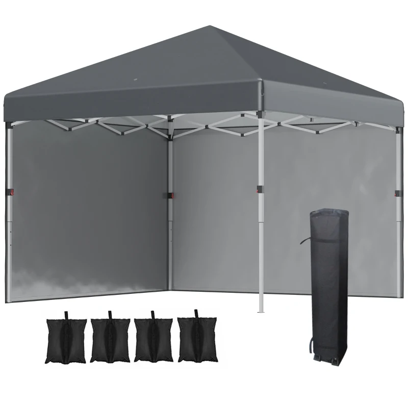 Outsunny Faltpavillon, 2 Seitenwände, höhenverstellbar, mit Transporttasche, rostfreies Stahlgestell, 3x3 m, Dunkelgrau