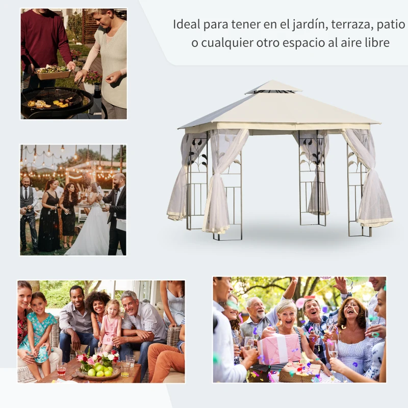 Outsunny Cenador de Jardín 3x3x2,8 m Gazebo Carpas para Exterior Grandes con Doble Techo Mosquiteras y Marco de Acero para Patio Fiesta Blanco
