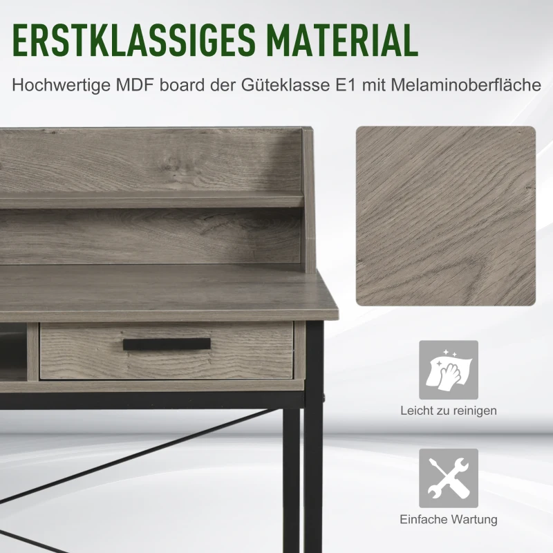 HOMCOM Schreibtisch mit Regal Schublade, Computertisch, Bürotisch, industrieller Stil, MDF, Metall, Grau+Schwarz, 106 x 53 x 95 cm