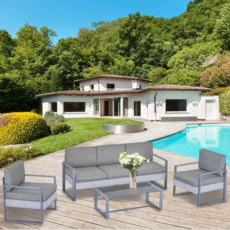 Outsunny Salotto da Giardino Set 4 Pezzi Mobile da Giardino con Tavolino, Divano 3 Posti, 2 Poltrone e Cuscini, Alluminio e Vetro Grigio