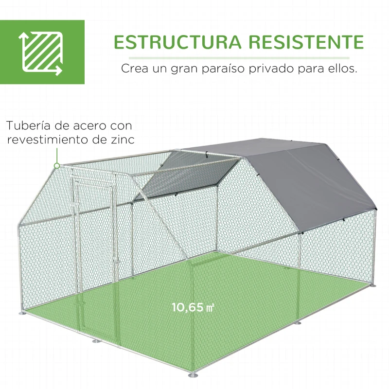 PawHut Gallinero de Exterior 2,8x3,8x1,95 m Gallinero Grande Cubierta de Tela Oxford y Corral de Metal Galvanizado Plata