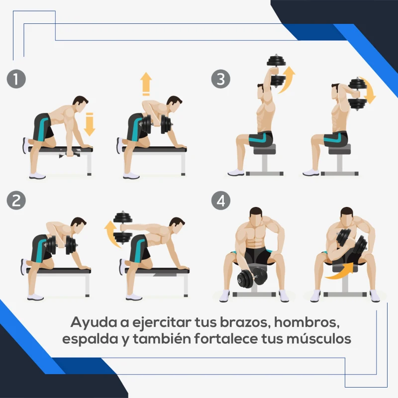 HOMCOM Juego de Mancuernas Pesas de Fitness Total 40 kg 4x5 kg 4x2,5 kg 4x1,5 kg Ajustable Profesionales Gimnasio Doméstico y Musculación con 2 Barras Ø25x450 mm Acero y Discos