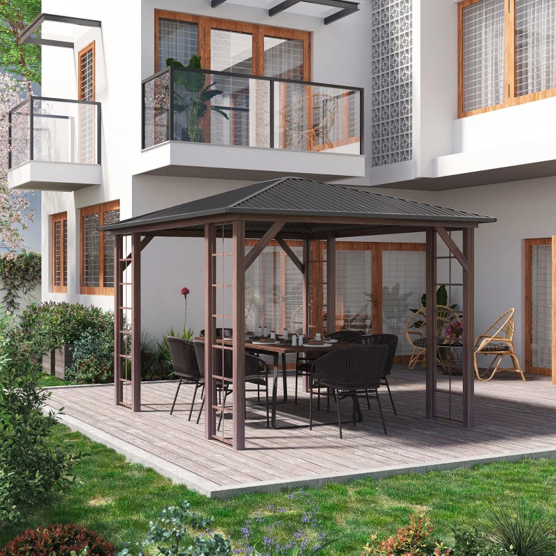 Outsunny Tonnelle pavillon de jardin avec toit rigide 364 x 299 x 280 cm structure en métal marron gris