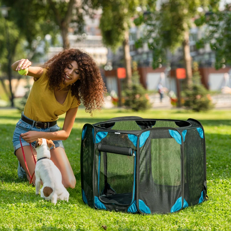PawHut Parque Plegable para Perros de 8 Paneles Parque de Juego para Mascotas con Bolsa de Transporte Ø91x58 cm Azul