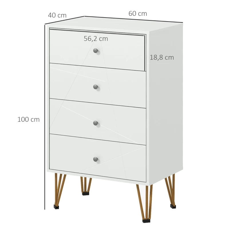 HOMCOM Cómoda de Madera con 4 Cajones y Patas Metálicas Mueble Cajonera para Salón Oficina 60x40x100 cm Blanco