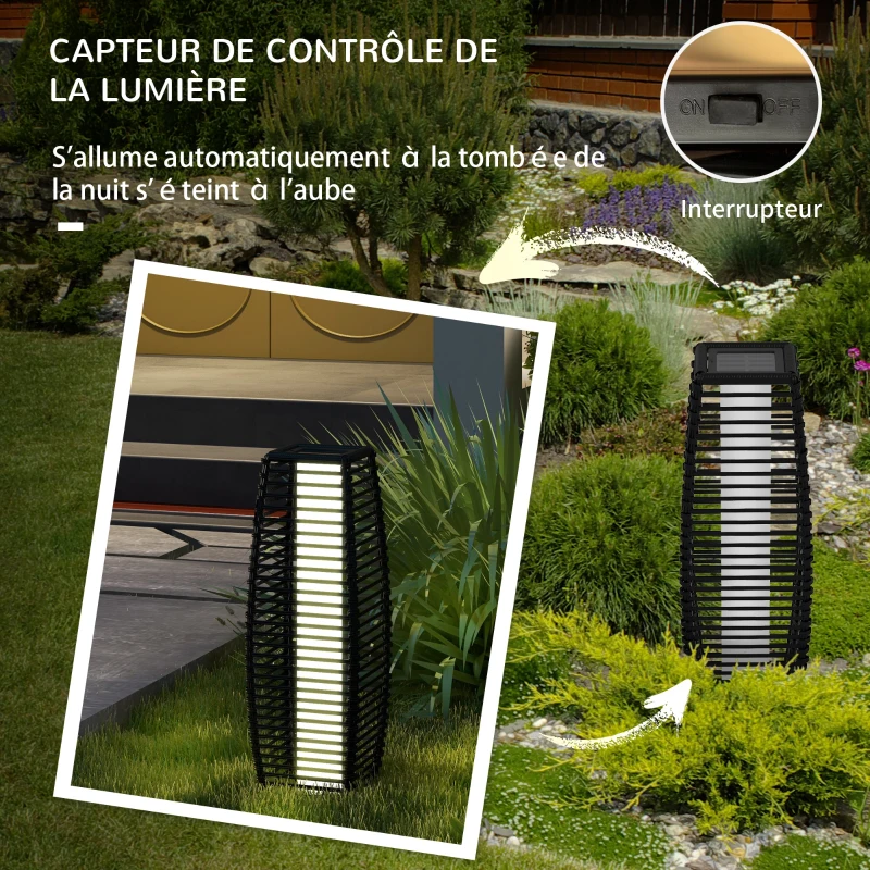 Outsunny Lampadaire d'extérieur solaire en résine tressée luminaire LED de jardin en acier marche/arrêt automatique