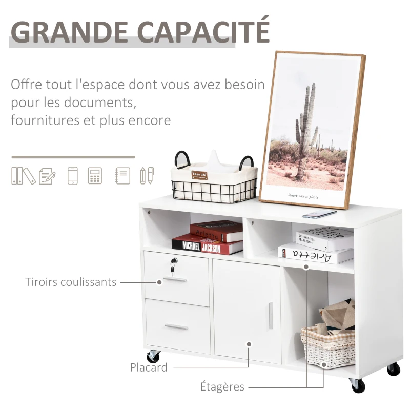 HOMCOM Support d'imprimante organiseur bureau caisson placard + 2 tiroirs + niches + grand plateau panneaux particules blanc