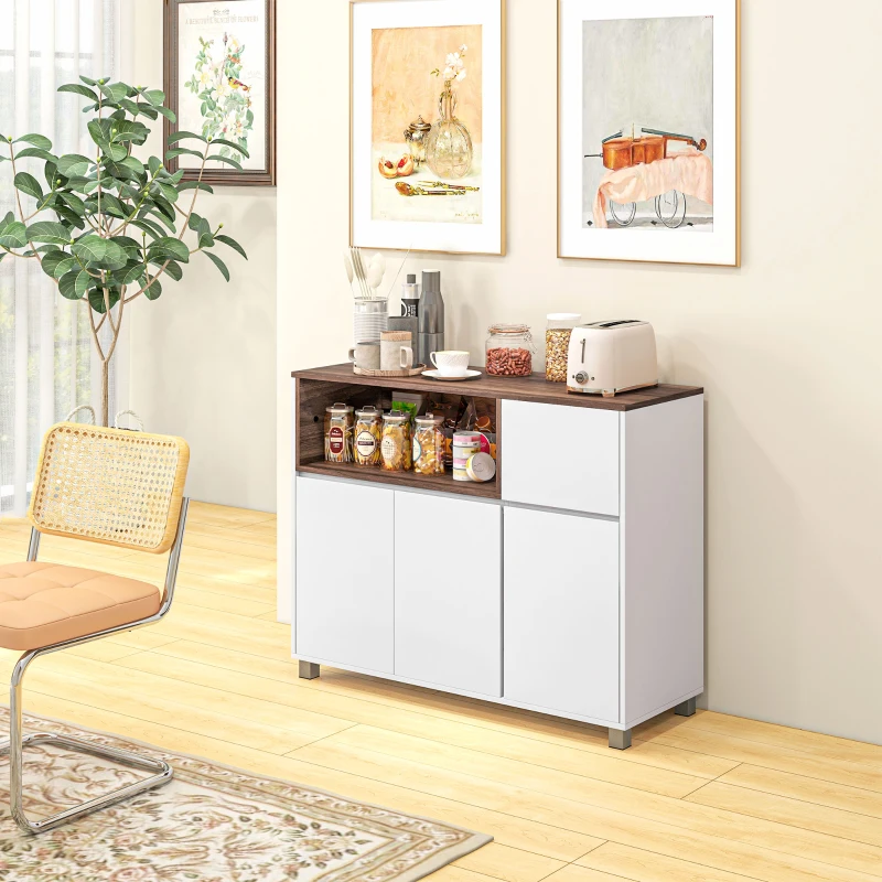 HOMCOM Credenza Moderna da Cucina in Legno con Armadietti, Cassetto e Vano Aperto, 105x39x83cm, Bianco