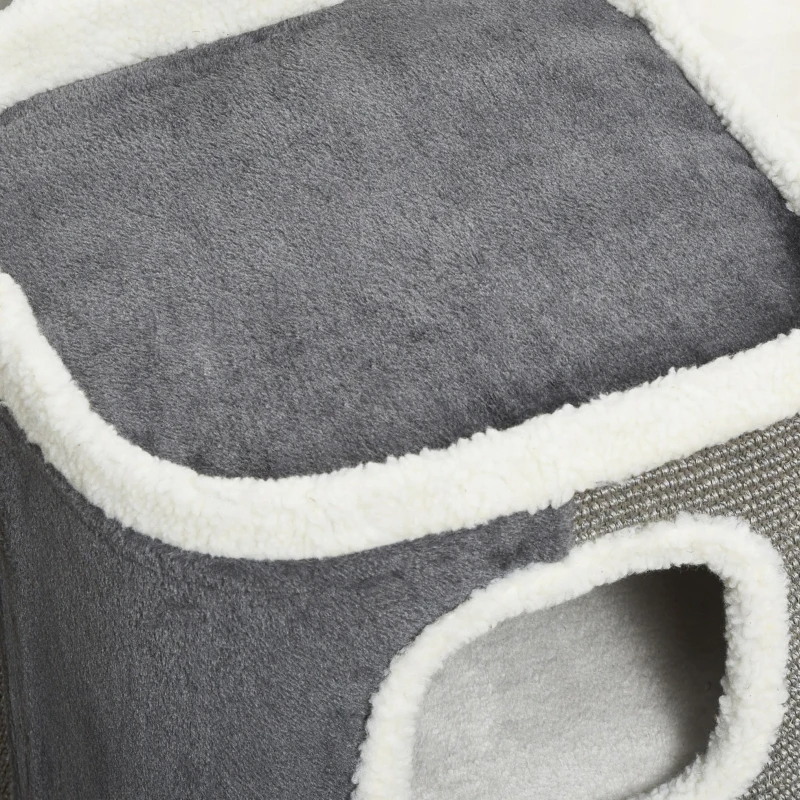 PawHut Barril Rascador para Gatos de 2 Niveles con Cuevas de Sisal Felpa Suave y Plataforma de Vellón 40x40x49 cm Gris