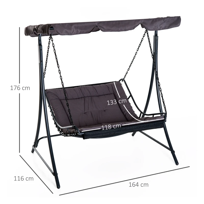 Outsunny 2 Seater Garden Swing Seat Bed, Sun Lounger with Adjustable Canopy, Cushioned Seat and Weather Resistant Steel Frame for Patio, Yard, Grey
