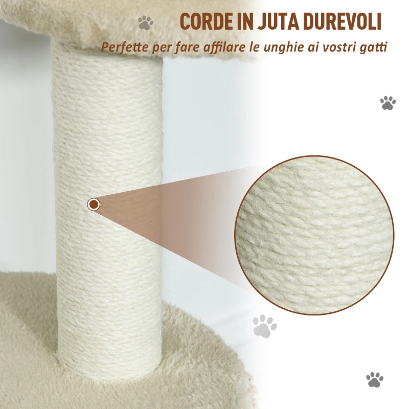 PawHut Albero Tiragraffi per Gatti Multi-livello, 2 Piattaforme, 1 Casetta e Corde in Juta, 61x41x96 cm, Beige