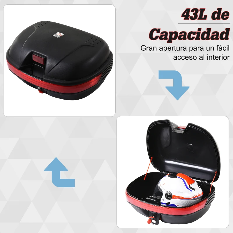 HOMCOM Baúl Moto Universal 43L + Llaves y Accesorios Equipaje Caja de Moto Topcase Casco para Motocicleta Ciclomotores Scooter