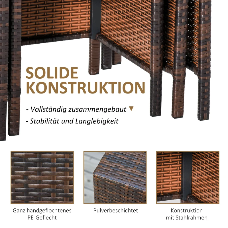 Outsunny Beistelltisch 3er Set Couchtisch Gartentisch Satztisch Balkontisch Polyrattan Braun 40x40x40/50x50x50/60x60x60 cm