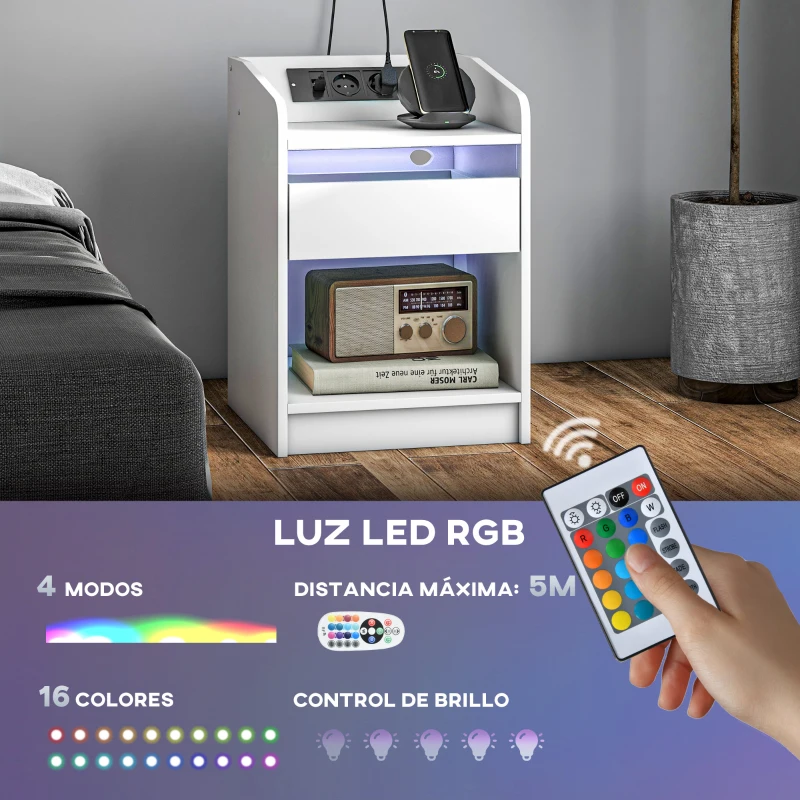 HOMCOM Mesilla de Noche con Luces LED Cajón Estante Estación de Carga Puertos USB y Control Remoto 40x40x58 cm Blanco