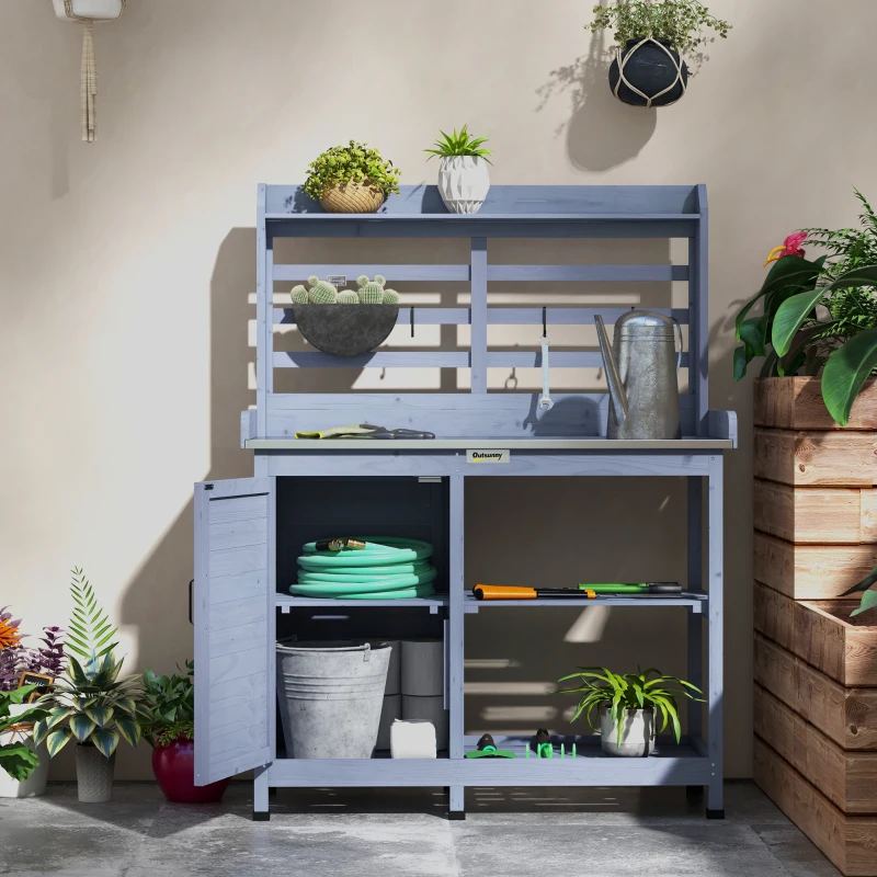 Outsunny Gartentisch mit Schrankfach, Aluminium-Arbeitsfläche, Stauraum, 112x47x146cm, Grau