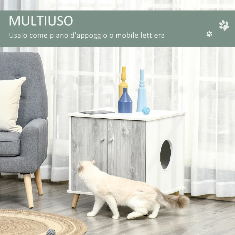 PawHut Mobile Lettiera per Gatti Fino 5.5kg con Foro d'Ingresso Laterale, 60x55x62.5cm - Bianco e Grigio