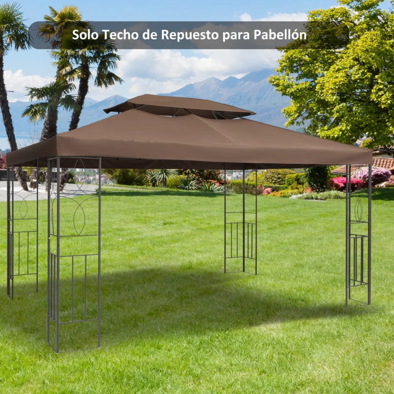 Outsunny Techo de Repuesto para Cenador 4x3 m Cubierta de Repuesto con Techo Doble 10 Orificios de Drenaje y Protección UV Toldo de Recambio para Pabellón Gazebo Marrón
