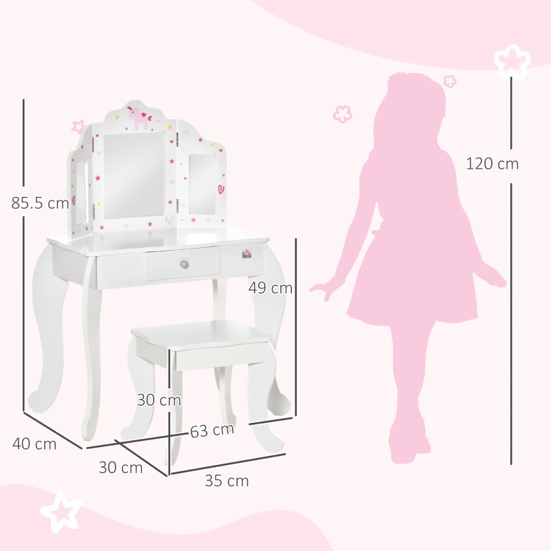 HOMCOM Toeletta per Bambini con Sgabello, Tavolo Trucco con Triplo Specchio e Cassetto, 63x40x85.5cm, Bianco