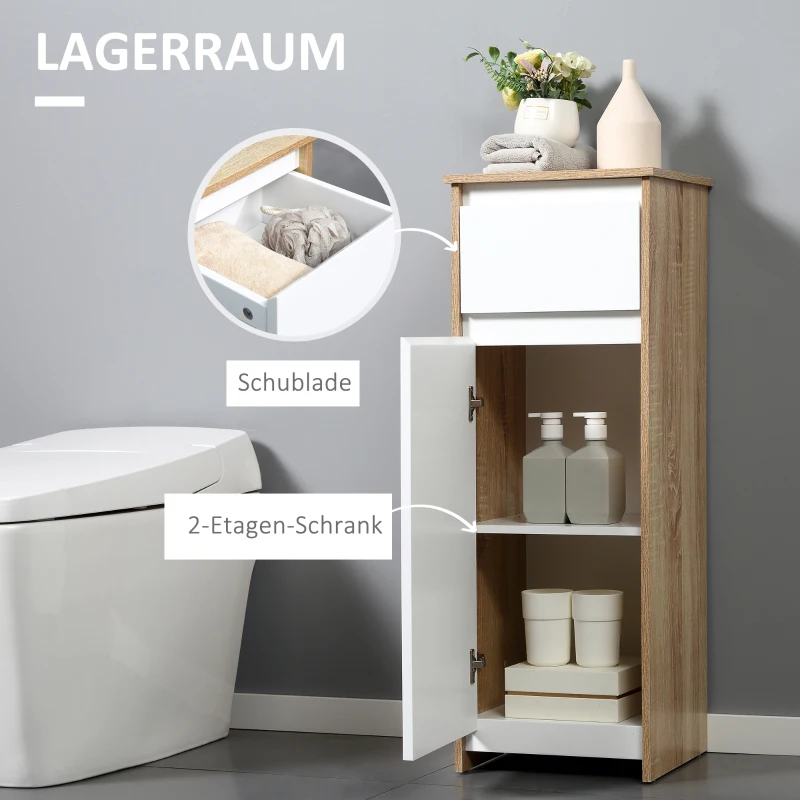 kleankin Badschrank Badkommode Badezimmerschrank Badregal Standschrank mit 2-stufigen Schrank und 1 Schublade Umschlagdesign platzsparend MDF Naturholz+Weiß 32,6 x 30 x 90 cm