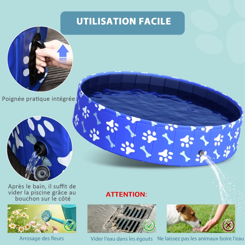 PawHut Piscine pour chien bassin PVC pliable anti-glissant facile à nettoyer Ø 1,4 m hauteur 30 cm motifs os pattes bleu