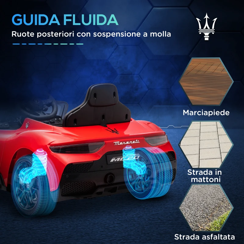 AIYAPLAY Macchina per Bambini Maserati MC20, Guida Manuale, Telecomando e Fari LED, Età 3-6 Anni, Rosso