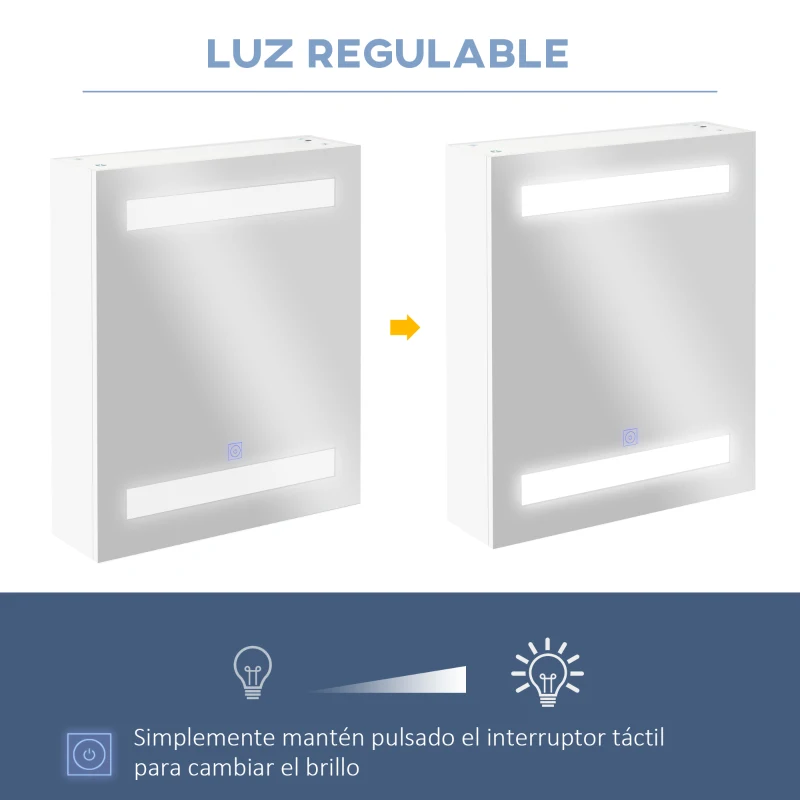HOMCOM Armario de Baño con Espejo y Luz LED con 2 Estantes e Interruptor Táctil para Dormitorio Aseo 50x15x60 cm Blanco