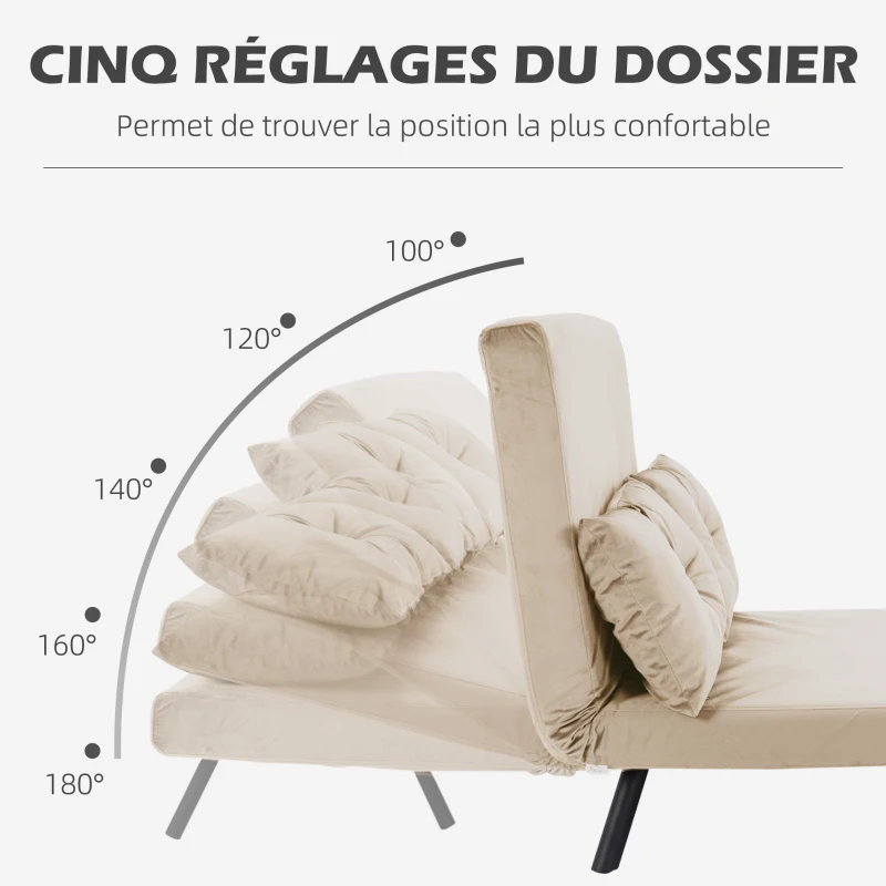 HOMCOM Canapé convertible 2 places avec dossier réglable à 5 niveaux et 2 coussins rembourrés, revêtement effet velours, beige