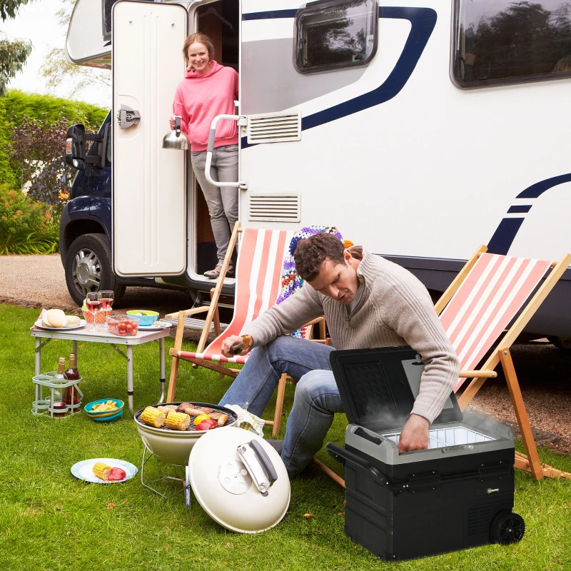 Outsunny 50L Car Refrigerator, Portable Compressor Cooler Box, Fridge Freezer w/ Inner LED Light, Foldable Handles, Cup Holders, 12/24V DC and 110-240V AC for Campervan RV Boat Travel Down to -20℃