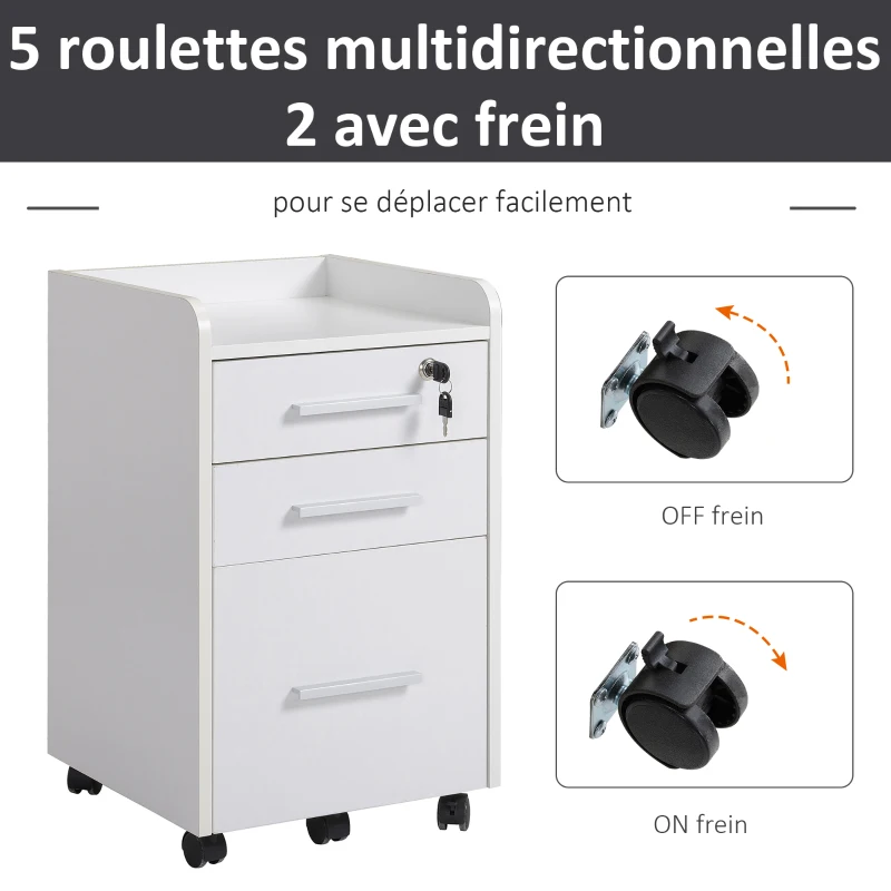 HOMCOM Caisson de bureau rangement bureau sur roulettes 3 tiroirs 1 verrouillable 1 trieur dossiers en bois blanc