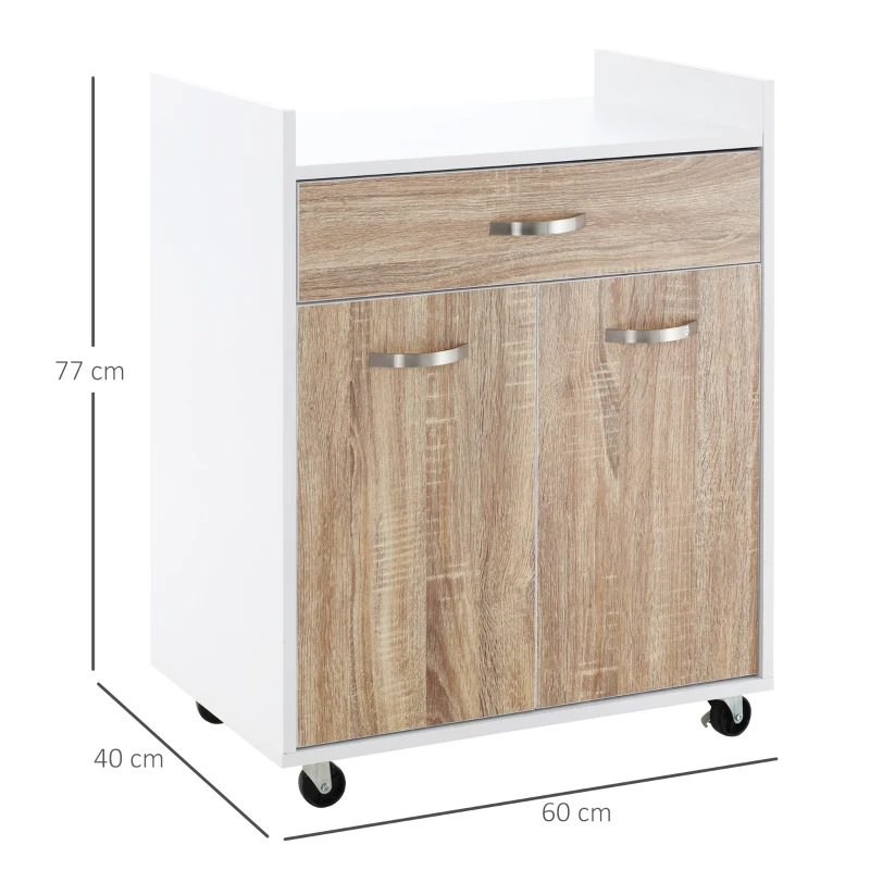 HOMCOM Chariot de service desserte de cuisine à roulettes tiroir placard 2 portes étagère en bois blanc aspect chêne clair