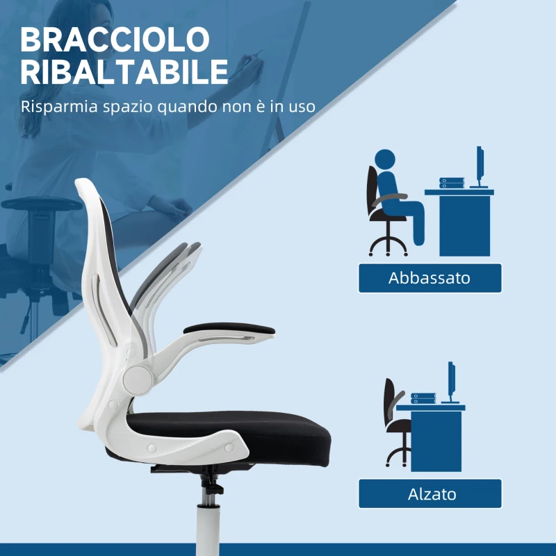 Vinsetto Sedia da Ufficio Ergonomica in Tessuto Traspirante con Altezza Regolabile e Braccioli Ribaltabili, 59x65x110-130 cm