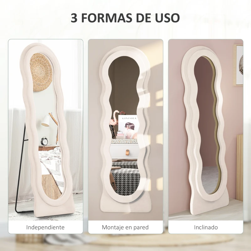 HOMCOM Espejo de Cuerpo Entero 160x50 cm Diseño Ondulado Marco con Tela de Terciopelo para Salón Dormitorio Crema