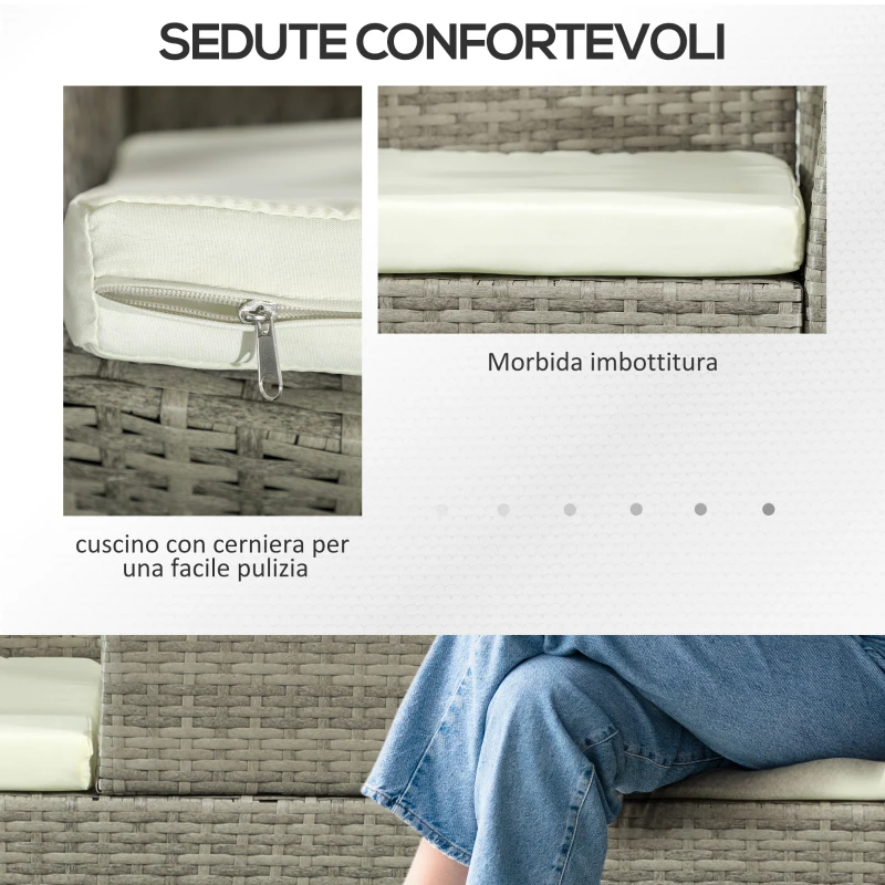 Outsunny Divanetto per Esterni 2 Posti con Tavolino da Caffè, in Acciaio e Rattan PE, 137x59x82 cm, Grigio e Crema