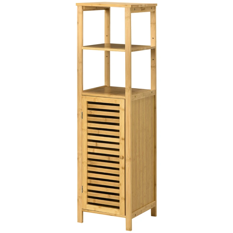 kleankin Armario Auxiliar de Baño de Bambú Estantería de Baño con 2 Estantes Abiertos y Puerta de Rejilla 32,9x29,9x120cm Natural