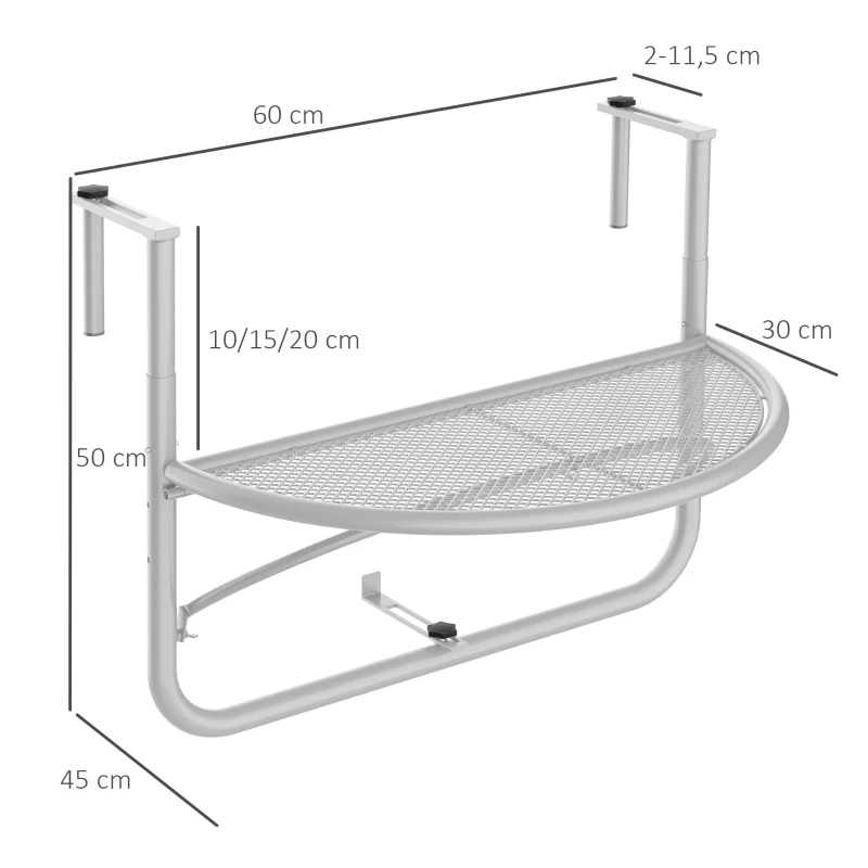 Outsunny Balkonhängetisch Hängetisch Gartentisch höhenverstellbar halbrund Ø30 cm Terrasse Metall Weiß L60 x B45 x H50 cm
