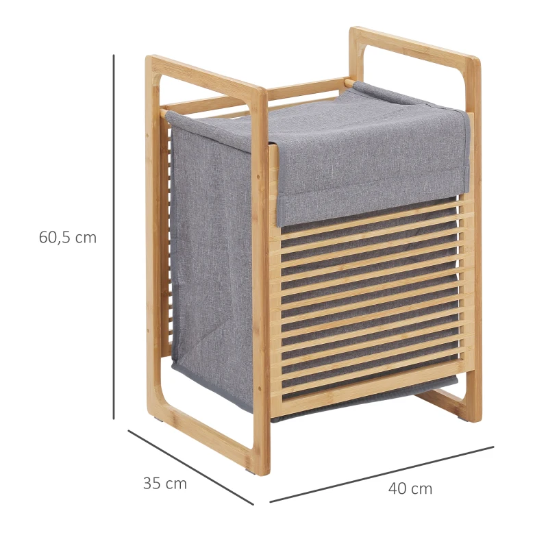 HOMCOM Wäschekorb Wäschebox Wäschesammler mit waschbarem Wäschesack Deckel Wäschesack Tuchsack Bambus leinenartiges Polyester Natur+Grau 40 x 35 x 60,5 cm