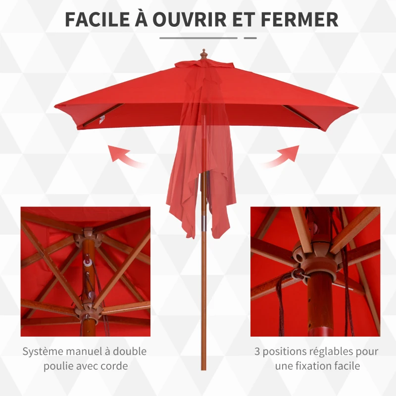 Outsunny Parasol de jardin extérieur Parasol rectangulaire inclinable bois polyester haute densité 2L x 1,5l x 2,3H m rouge