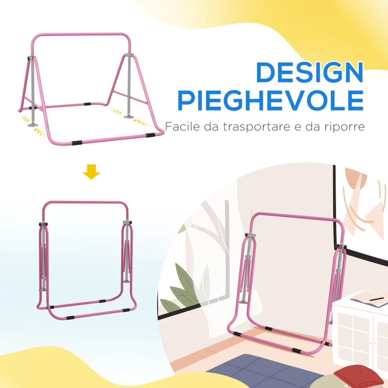 HOMCOM Sbarra per Trazioni Pieghevole per Bambini 3-8 Anni con Altezze Regolabili in Acciaio, 154x106.2x88.5-128.5cm, Rosa