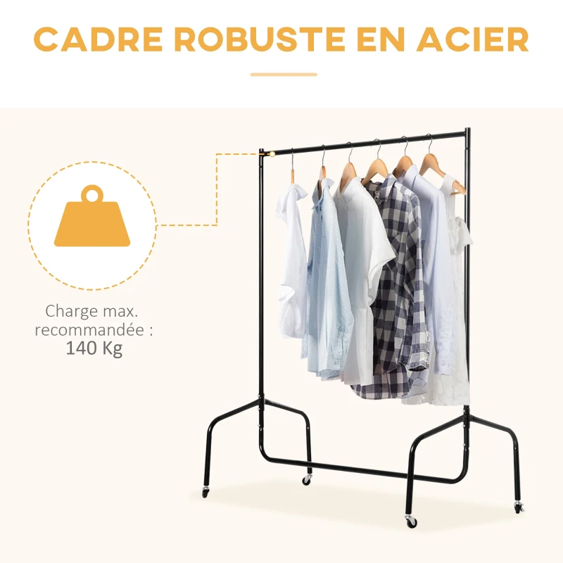 HOMCOM Portant à Vêtements avec Roulettes Tringle a Vêtement solide Charge 140 Kg 150 x 60 x 170 cm Porte-Manteau en acier noir