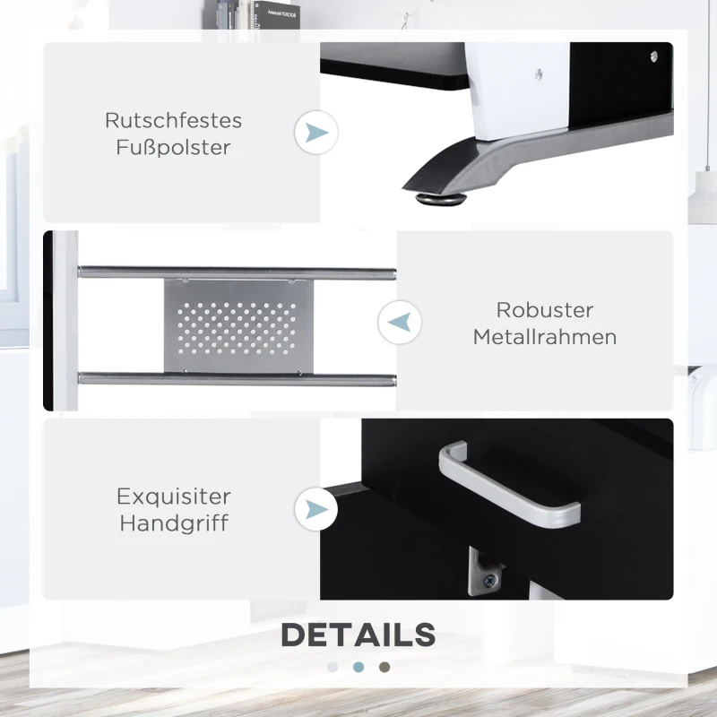 HOMCOM Computertisch mit 1 Schublade, 1 Schrank, 1 Tastaturablage, Schreibtisch. Bürotisch, MDF Weiß+Schwarz+Silber