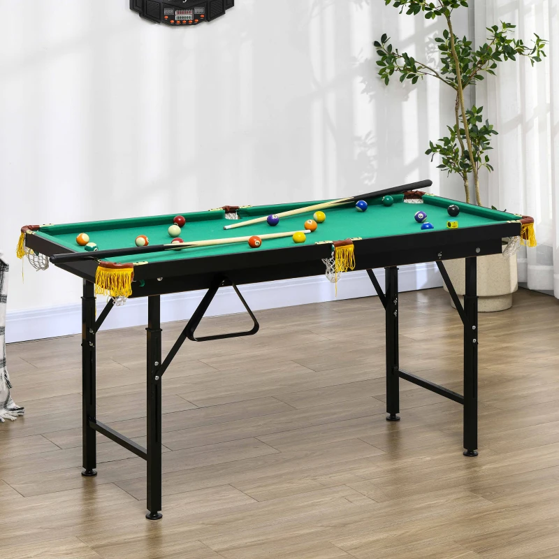 SPORTNOW Table de billard pliable hauteur réglable avec accessoires 2 queues, 16 boules, 2 craies, triangle, brosse, vert