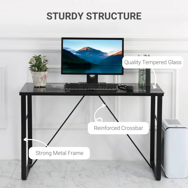 HOMCOM Tempered Glass Top Writing Desk with World Map Printing, Writing Workstation, Home Office Table with Metal Frame, Easy Assembly, Black