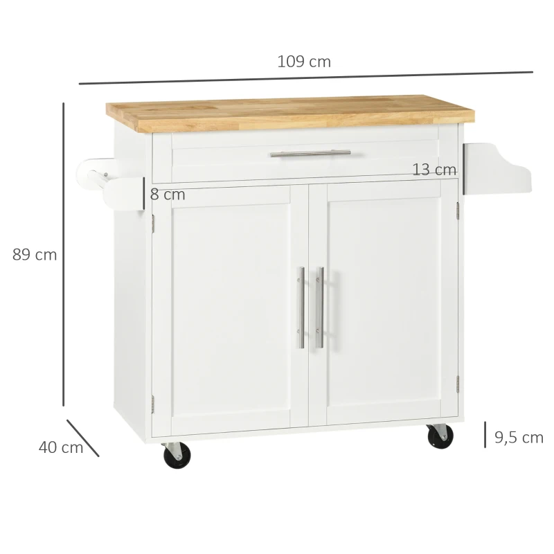 HOMCOM Küchenwagen Servierwagen Kücheninsel, 1 Gewürzregal, 1 Handtuchhalter, 109 cm x 40 cm x 89 cm, Weiß(m-3)